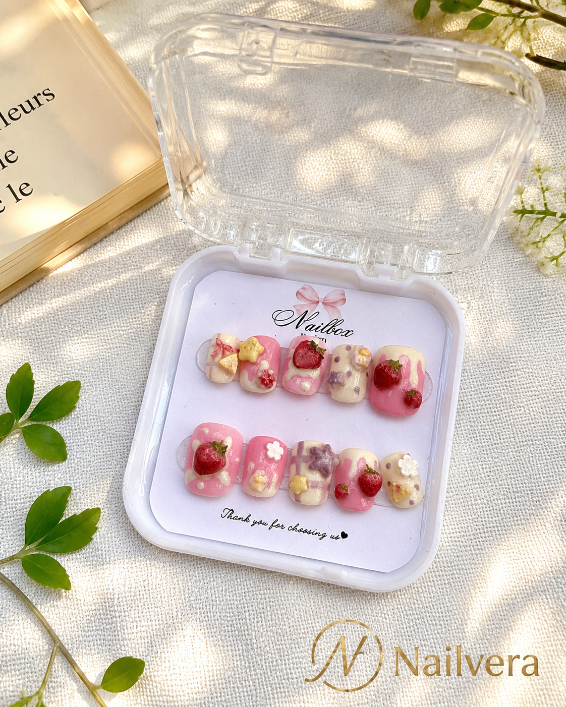 Strawberry Dessert Press-On Nails – Handmade 3D Kawaii Gel Nail Set