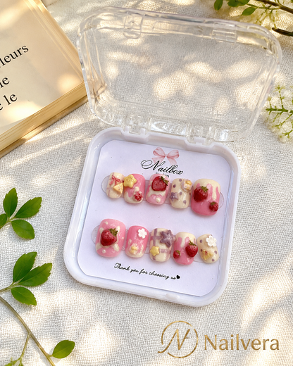 Strawberry Dessert Press-On Nails – Handmade 3D Kawaii Gel Nail Set