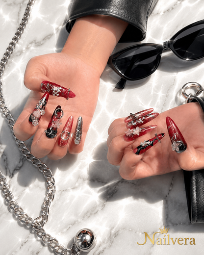 Dark Anime Press-On Nails – Handmade Gothic Y2K Chrome Gel Nail Set