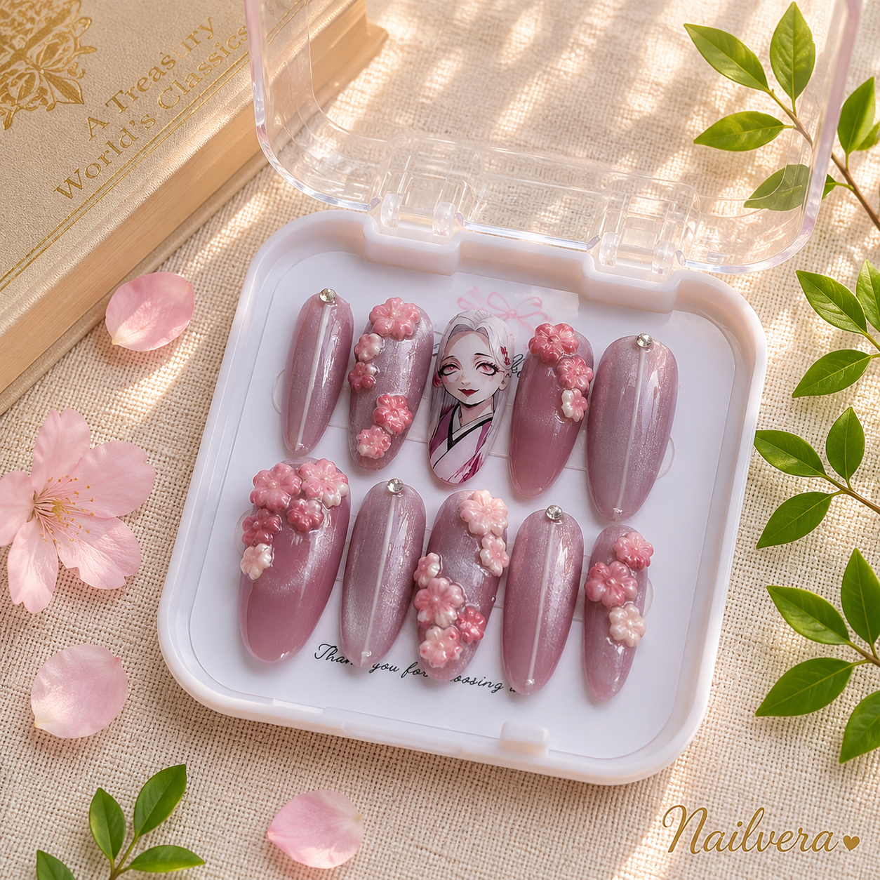 Anime Sakura Press-On Nails – Handmade 3D Cherry Blossom Gel Nail Set