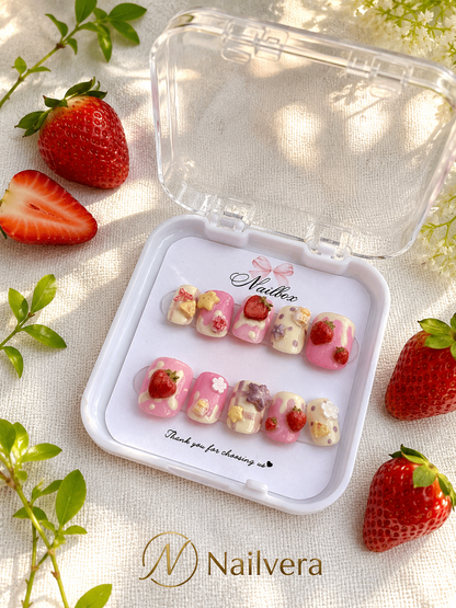 Strawberry Dessert Press-On Nails – Handmade 3D Kawaii Gel Nail Set