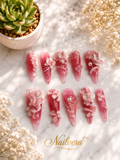 Pink Sakura Press-On Nails – Handmade 3D Floral Luxury Gel Nail Se