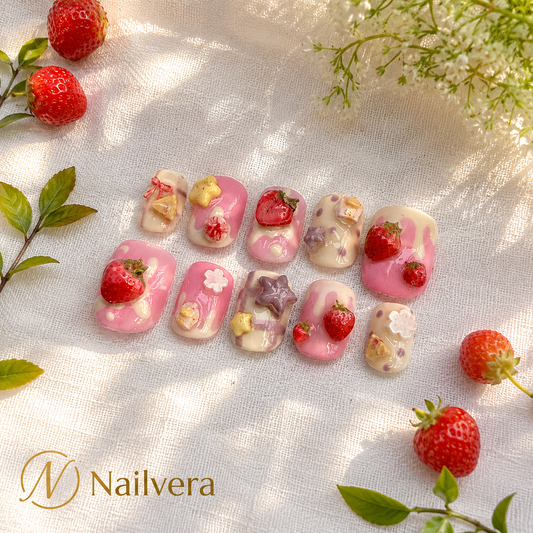 Strawberry Dessert Press-On Nails – Handmade 3D Kawaii Gel Nail Set