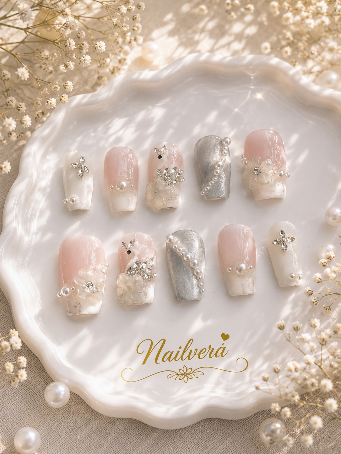 Pearl Blossom Press-On Nails – Handmade Bridal Luxury Gel Nail Set