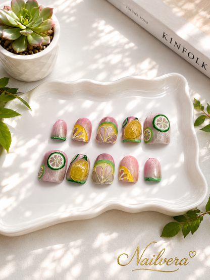 Citrus Press-On Nails – Handmade Lemon & Lime Fruit Gel Nail Se