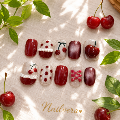Cherry Coquette Press-On Nails – Handmade 3D Cherry Gel Nail Set