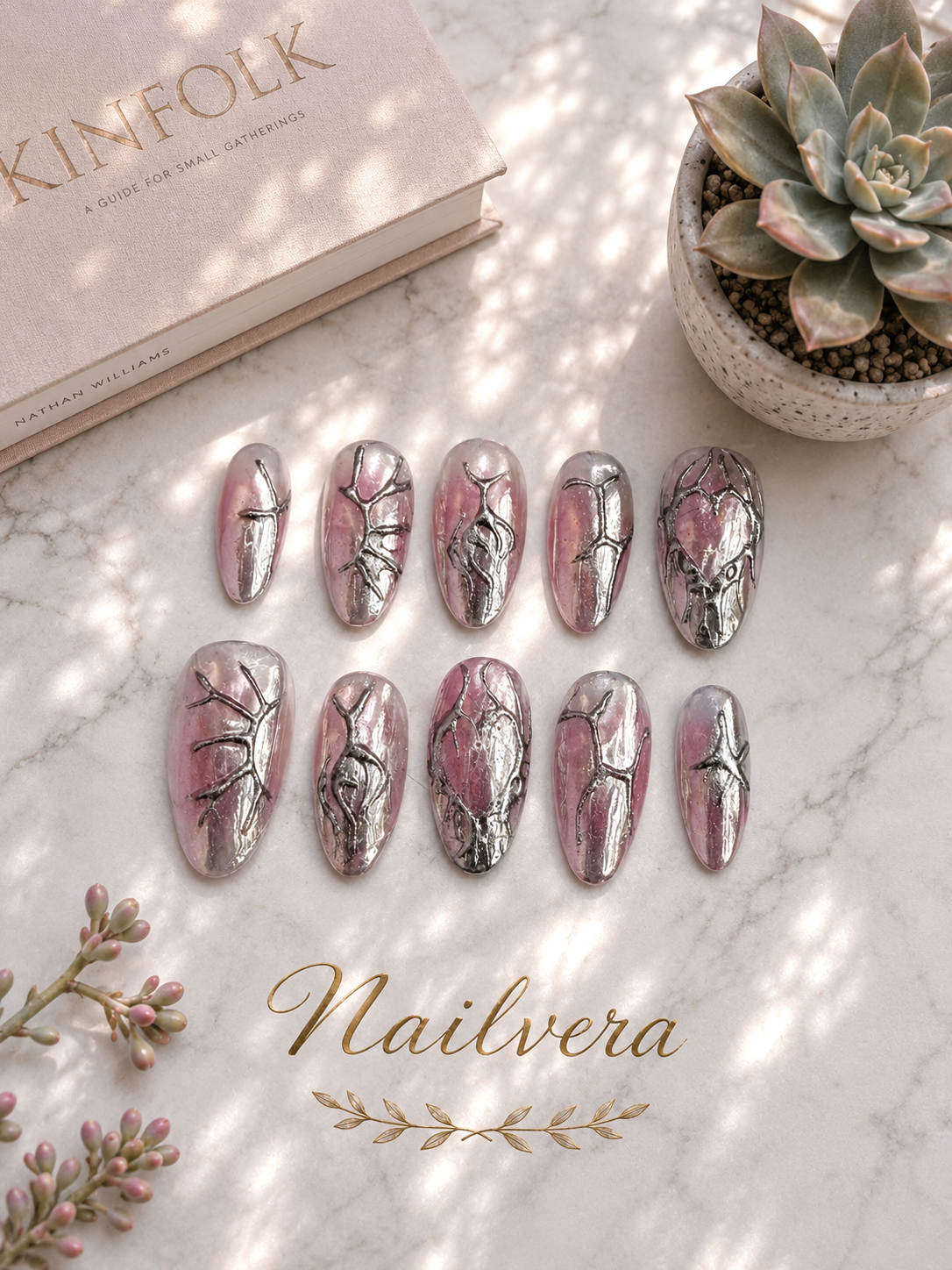 Y2K Chrome Press-On Nails – Handmade Silver Metallic Design