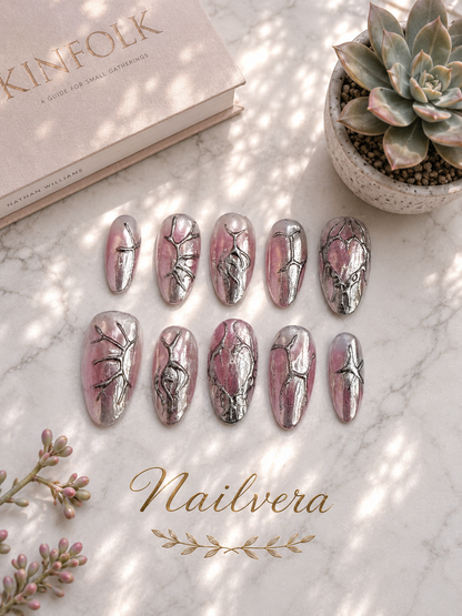 Y2K Chrome Press-On Nails – Handmade Silver Metallic Design