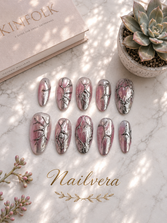 Y2K Chrome Press-On Nails – Handmade Silver Metallic Design