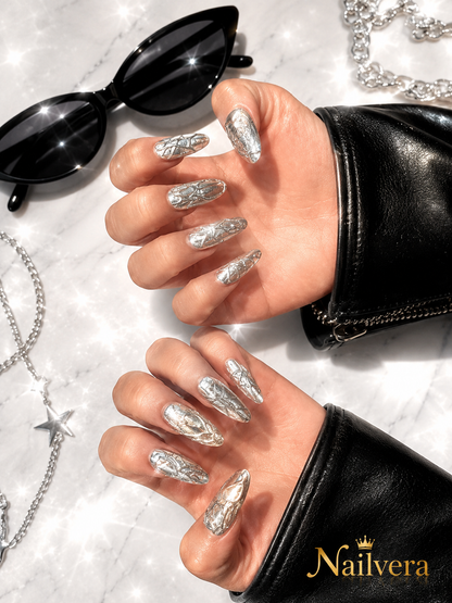 Silver Chrome Marble Press-On Nails – Handmade Metallic Luxury Gel Nail Set