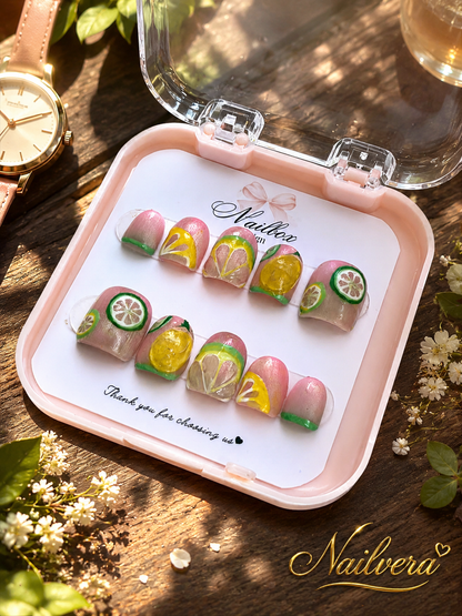 Citrus Press-On Nails – Handmade Lemon & Lime Fruit Gel Nail Se