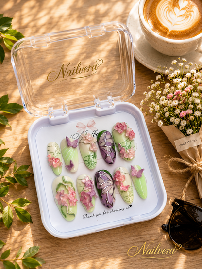 Butterfly Garden Press-On Nails – Handmade 3D Floral Sage Green Gel Nail Set