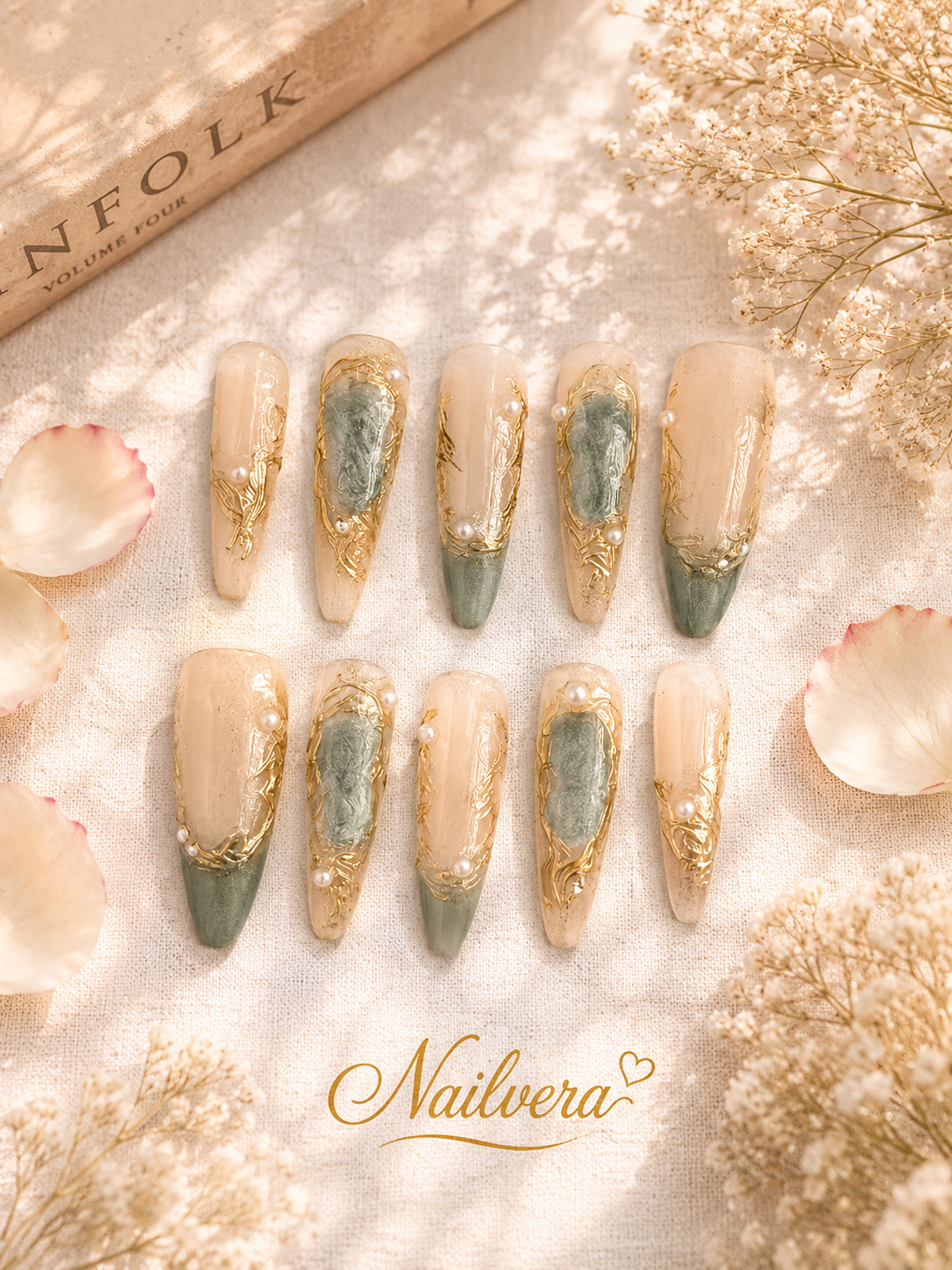 Jade Pearl Press-On Nails – Handmade Gold Marble Luxury Gel Nail Set