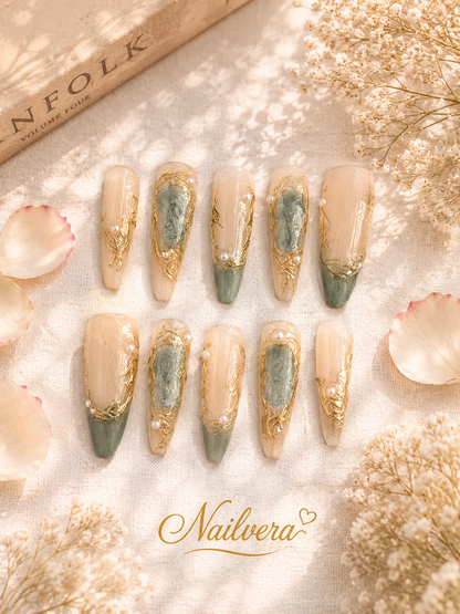 Jade Pearl Press-On Nails – Handmade Gold Marble Luxury Gel Nail Set