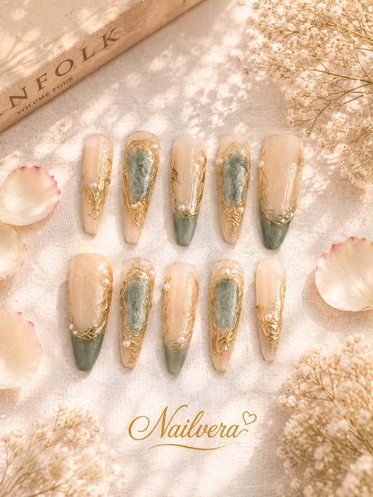 Jade Pearl Press-On Nails – Handmade Gold Marble Luxury Gel Nail Set