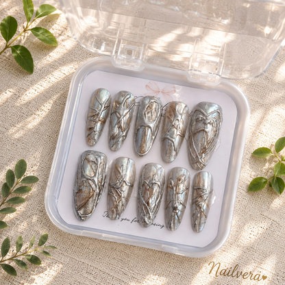 Silver Chrome Marble Press-On Nails – Handmade Metallic Luxury Gel Nail Set