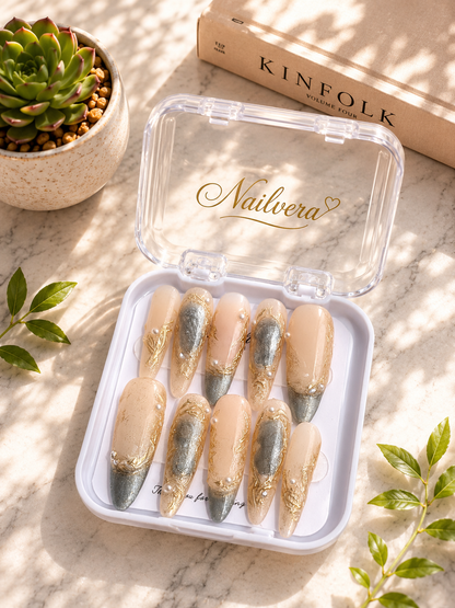 Jade Pearl Press-On Nails – Handmade Gold Marble Luxury Gel Nail Set