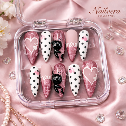 Cute Cat Press-On Nails – Pink 3D Charm Design, Glossy Handmade Nails for Trendy Girls 💕🐱