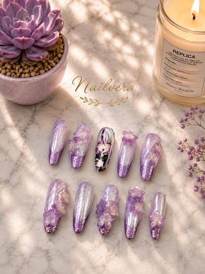 Lavender Anime Press-On Nails – Handmade 3D Sakura Gel Nail Set