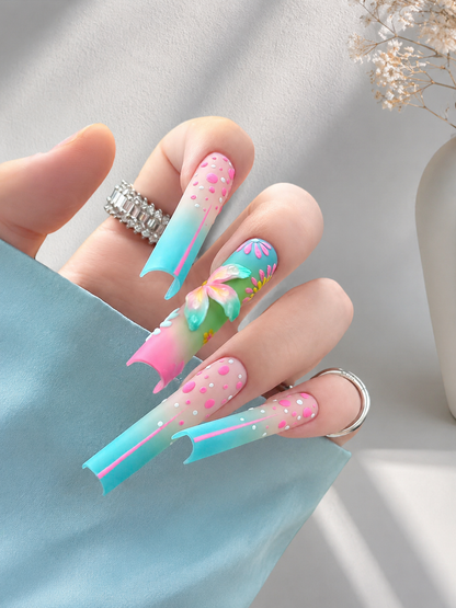 Pastel Aura 3D Press-On Nails – Long Stiletto Gradient Nails with Floral Art | Nailvera