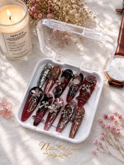 Dark Anime Press-On Nails – Handmade Gothic Y2K Chrome Gel Nail Set