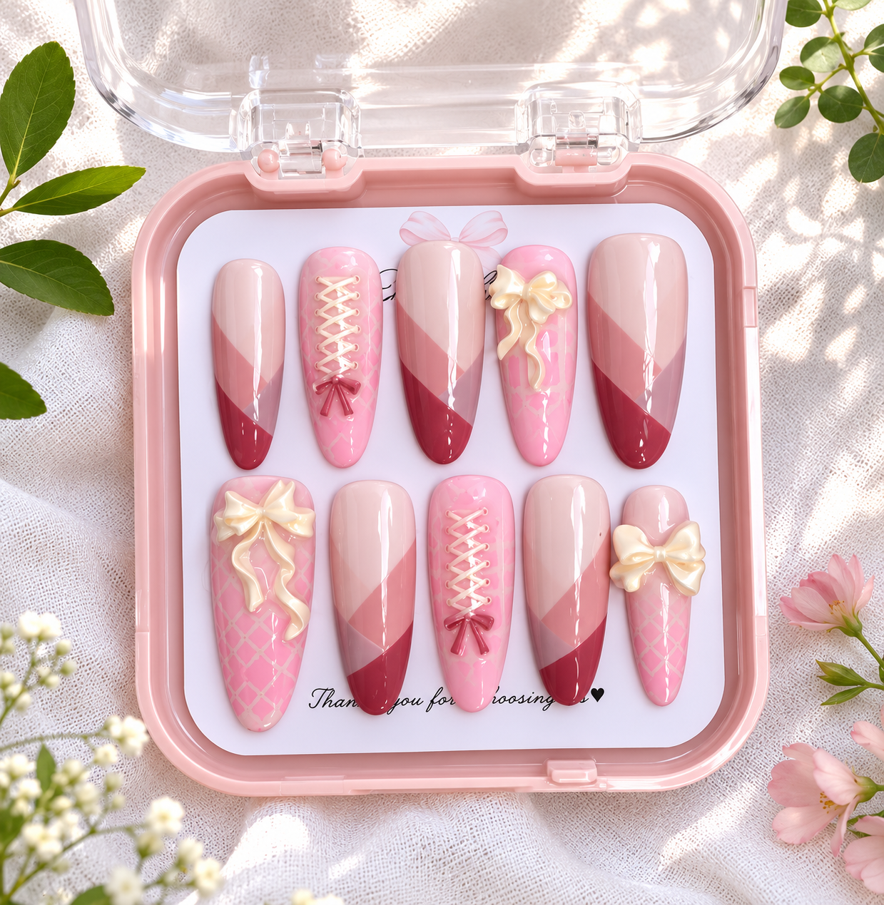 Pink Coquette Handmade Press-On Nails with 3D Bow & Corset Design