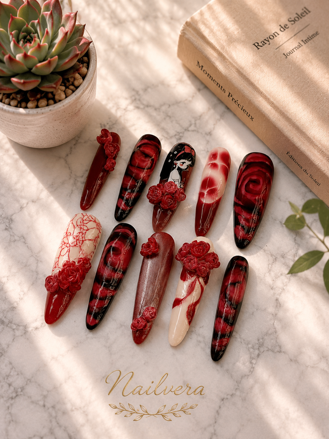 Dark Rose Anime Press-On Nails – Handmade 3D Rose Gothic Gel Nail Set