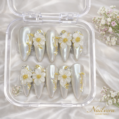 Pearl Blossom Press-On Nails – White Chrome Floral 3D Design | Nailvera Luxury Nails