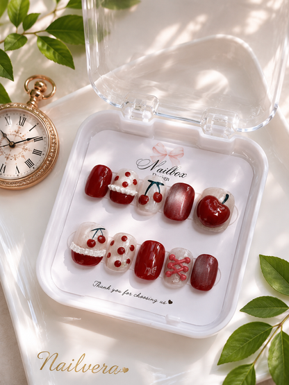 Cherry Coquette Press-On Nails – Handmade 3D Cherry Gel Nail Set