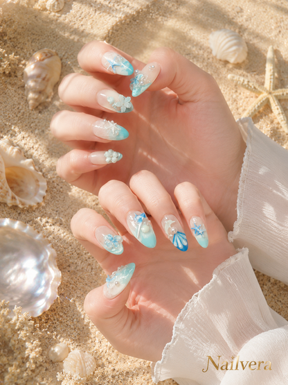 Ocean Breeze Press-On Nails – Handmade 3D Seashell & Starfish Summer Gel Nail Set