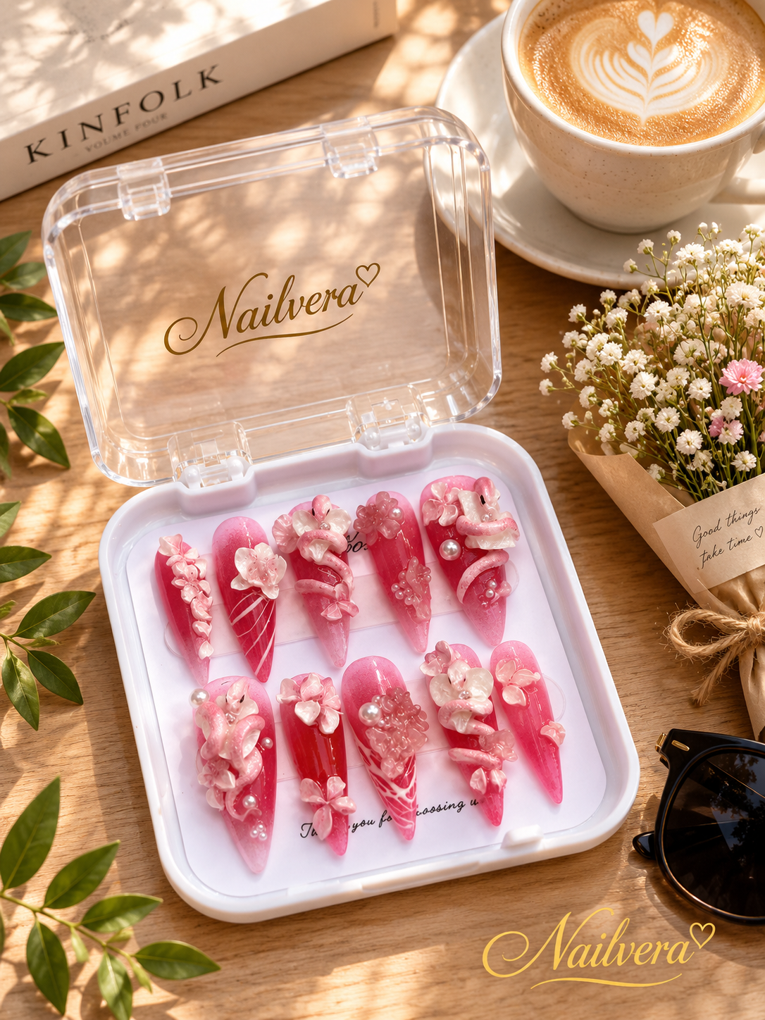 Pink Sakura Press-On Nails – Handmade 3D Floral Luxury Gel Nail Se