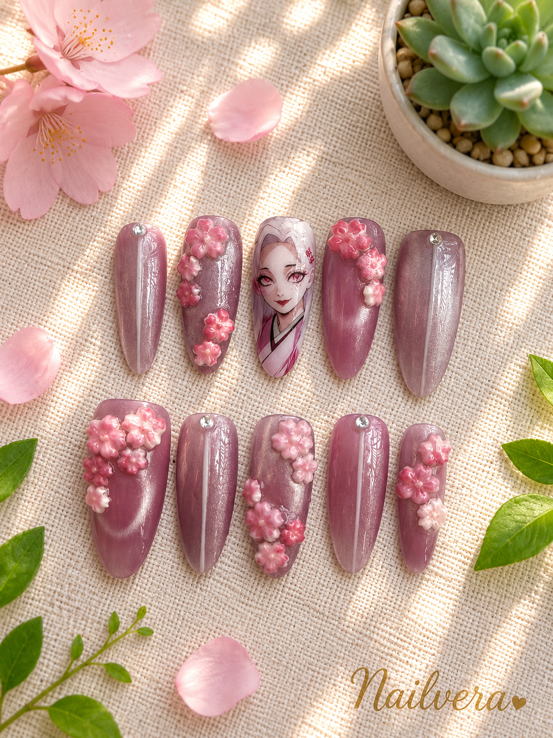 Anime Sakura Press-On Nails – Handmade 3D Cherry Blossom Gel Nail Set