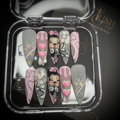 Kawaii Love Cartoon Press-On Nails – Pink Grey Heart 3D Design | Nailvera Luxury Nails