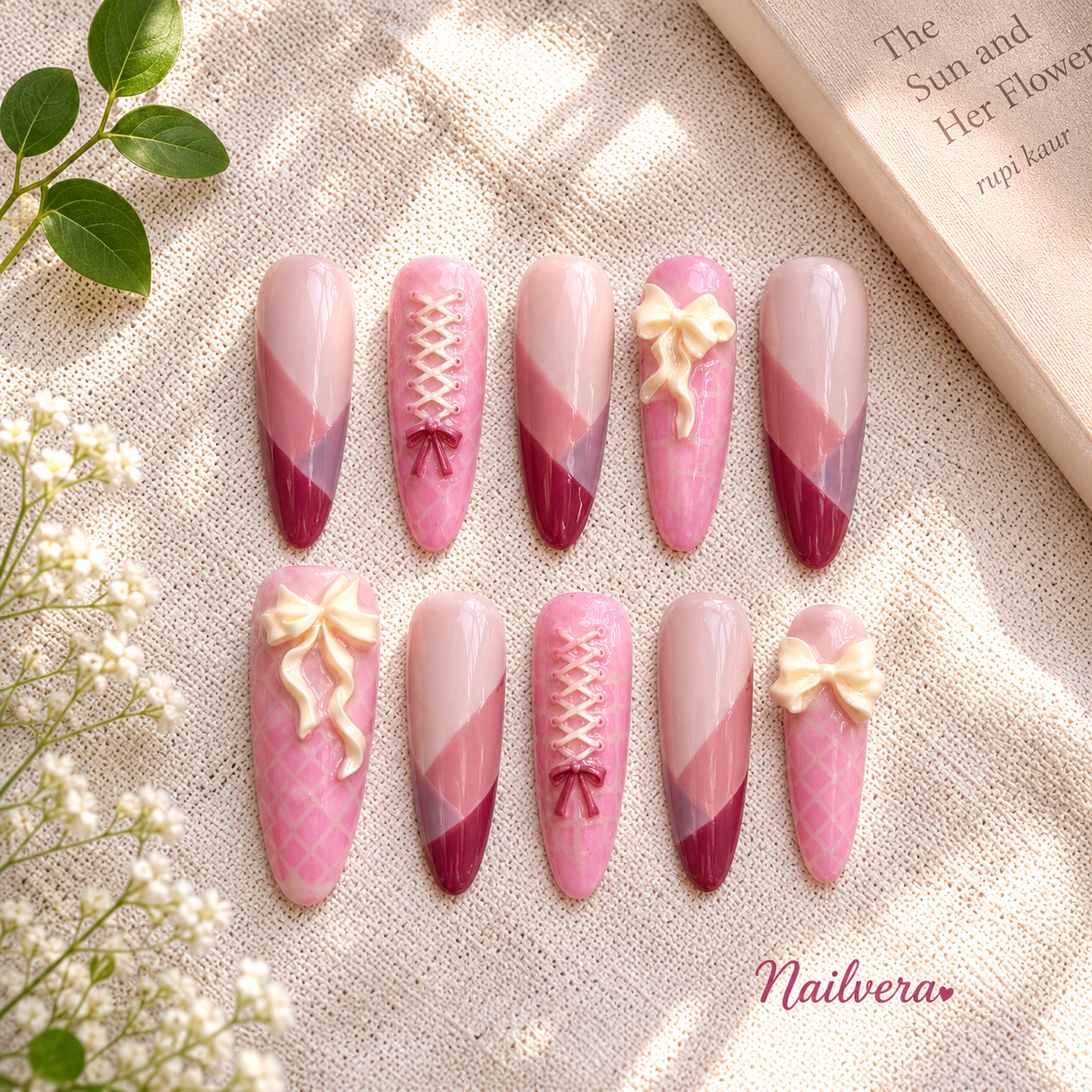 Pink Coquette Handmade Press-On Nails with 3D Bow & Corset Design