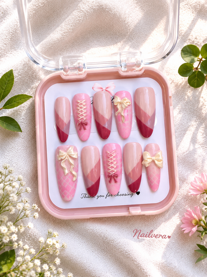 Pink Coquette Handmade Press-On Nails with 3D Bow & Corset Design