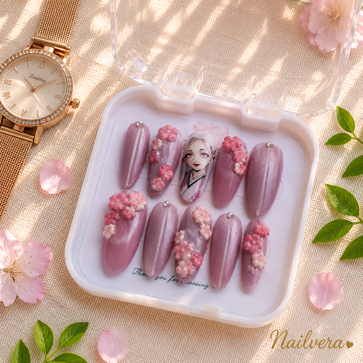 Anime Sakura Press-On Nails – Handmade 3D Cherry Blossom Gel Nail Set
