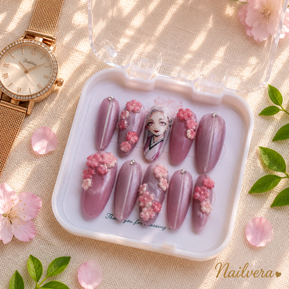 Anime Sakura Press-On Nails – Handmade 3D Cherry Blossom Gel Nail Set