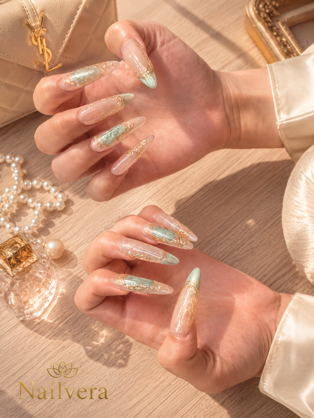 Jade Pearl Press-On Nails – Handmade Gold Marble Luxury Gel Nail Set