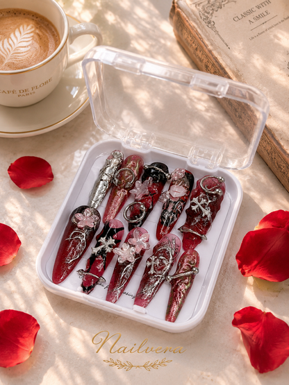 Dark Anime Press-On Nails – Handmade Gothic Y2K Chrome Gel Nail Set