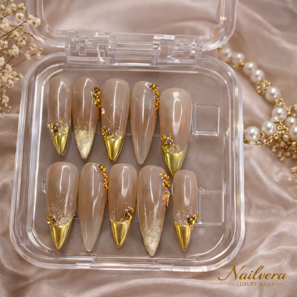 Golden Nude Press-On Nails – Minimalist Gold Tip Luxury Design | Nailvera Luxury Nails