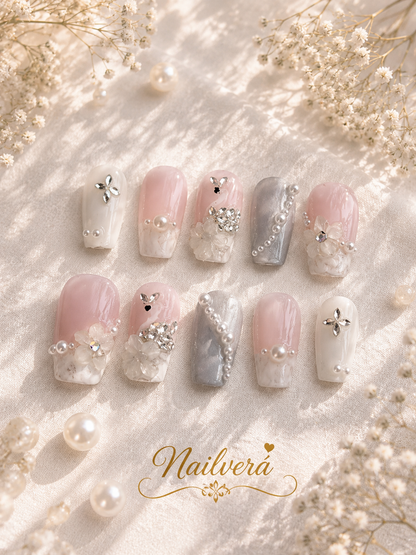 Pearl Blossom Press-On Nails – Handmade Bridal Luxury Gel Nail Set