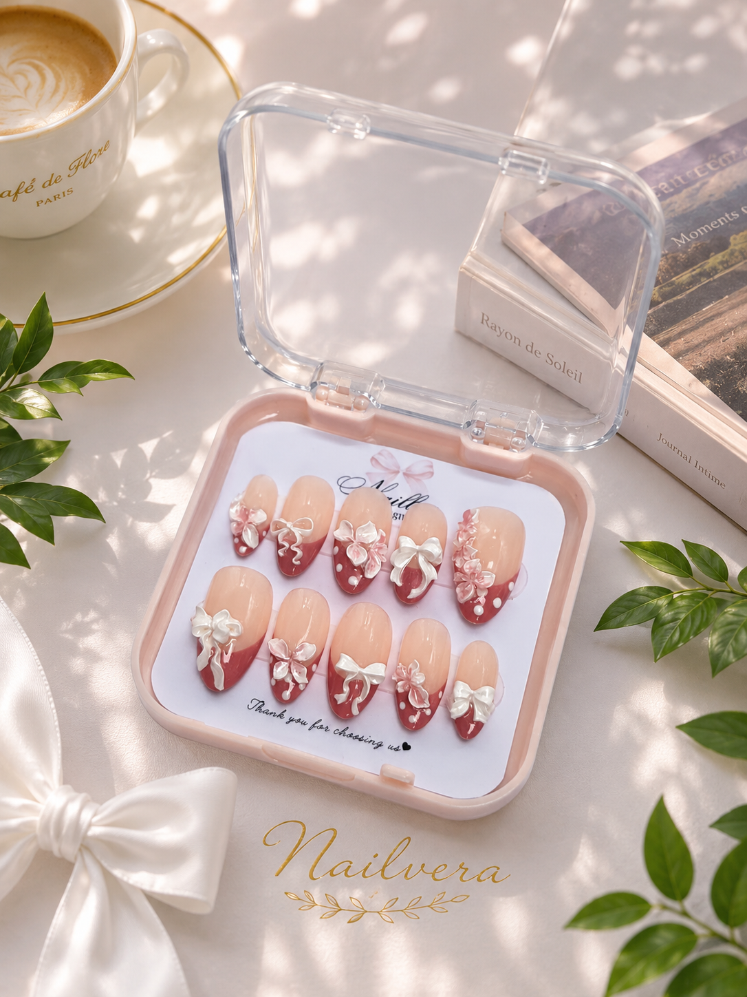 Pink Coquette Press-On Nails – Handmade 3D Bow & Floral Gel Nail Set
