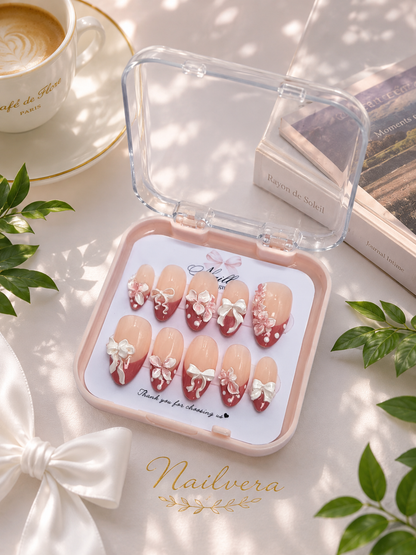 Pink Coquette Press-On Nails – Handmade 3D Bow & Floral Gel Nail Set