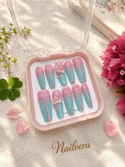Pastel Ombre Press-On Nails – Handmade 3D Flower Gel Nail Set