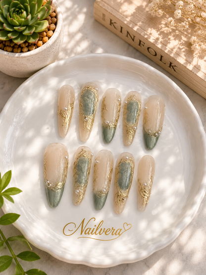 Jade Pearl Press-On Nails – Handmade Gold Marble Luxury Gel Nail Set