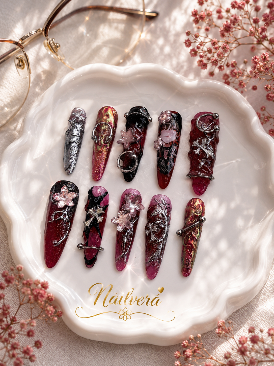 Dark Anime Press-On Nails – Handmade Gothic Y2K Chrome Gel Nail Set