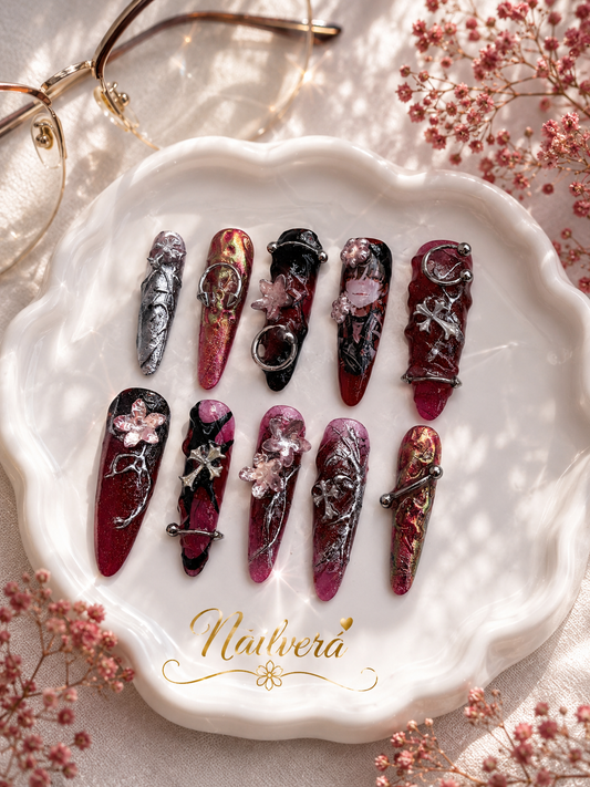 Dark Anime Press-On Nails – Handmade Gothic Y2K Chrome Gel Nail Set