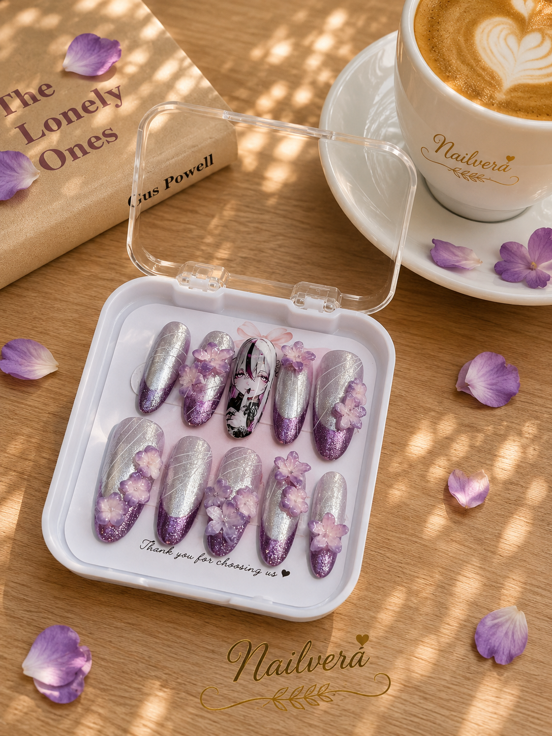 Lavender Anime Press-On Nails – Handmade 3D Sakura Gel Nail Set