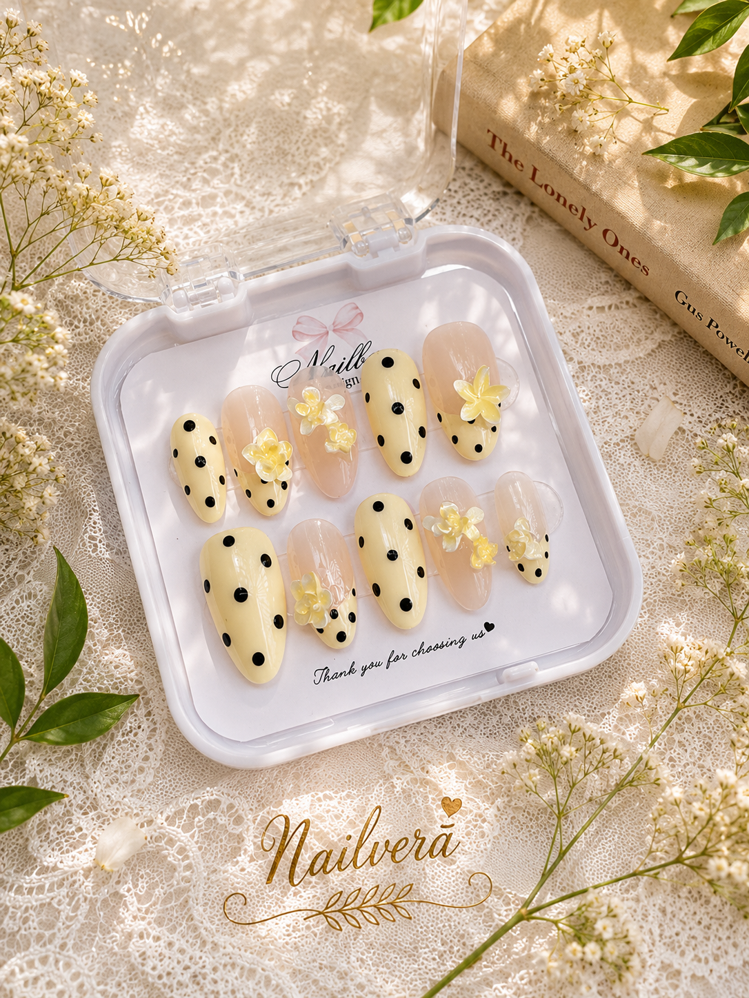 Butter Yellow Press-On Nails – Handmade 3D Plumeria Floral Gel Nail Set
