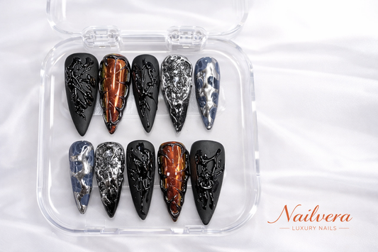 Black Chrome Edge Press-On Nails – Metallic Abstract 3D Design | Nailvera Luxury Nails
